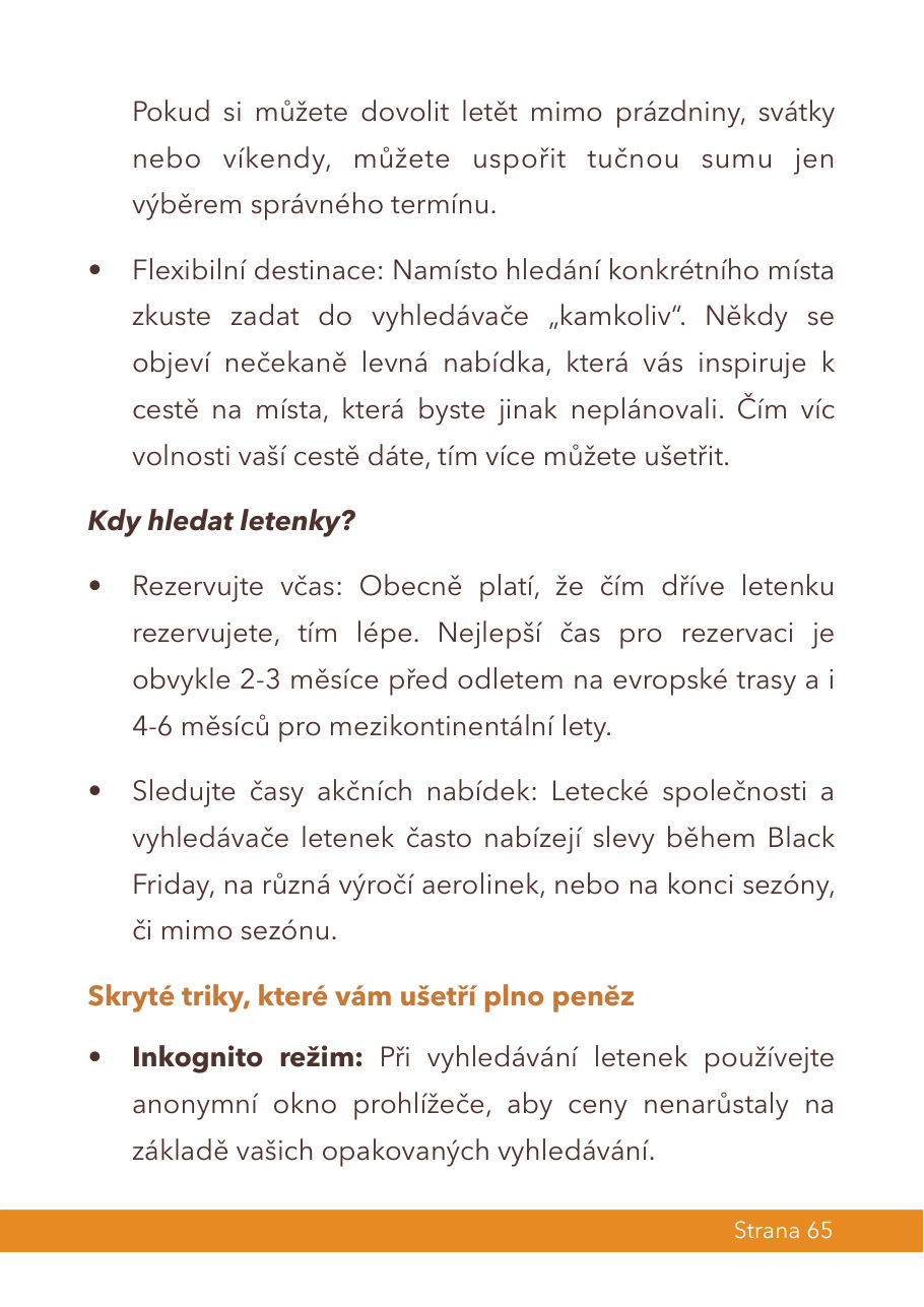 Strana z kapitoly o letenkách: kdy hledat a skryté triky